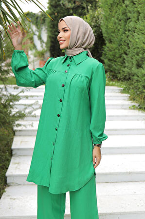 Büzgü Detaylı Tesettür Zümrüt Takım