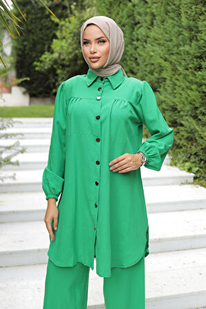 Büzgü Detaylı Tesettür Zümrüt Takım