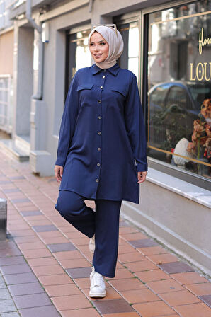 Cep Detaylı Tesettür Lacivert  Takım