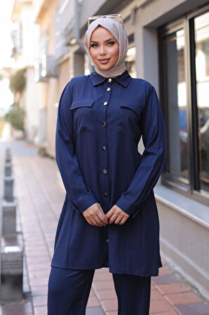 Cep Detaylı Tesettür Lacivert  Takım