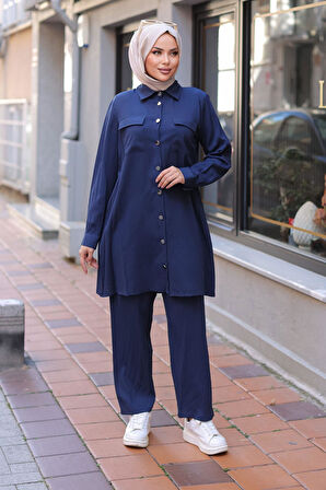 Cep Detaylı Tesettür Lacivert  Takım