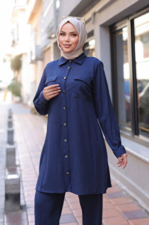Cep Detaylı Tesettür Lacivert  Takım