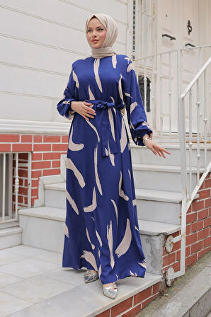 Büyük Fırça Desenli Viskon Elbise İndigo