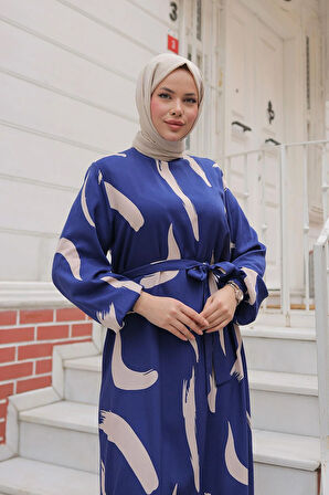 Büyük Fırça Desenli Viskon Elbise İndigo