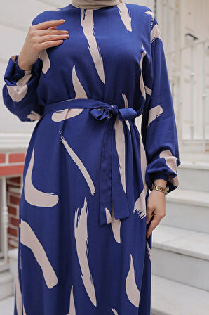 Büyük Fırça Desenli Viskon Elbise İndigo