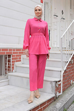 Taş Düğme Detaylı Takım Fuşya