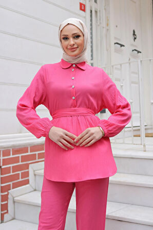 Taş Düğme Detaylı Takım Fuşya