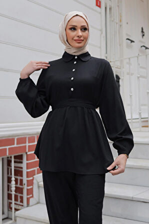 Taş Düğme Detaylı Takım Siyah