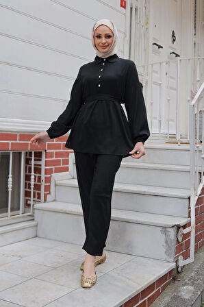 Taş Düğme Detaylı Takım Siyah