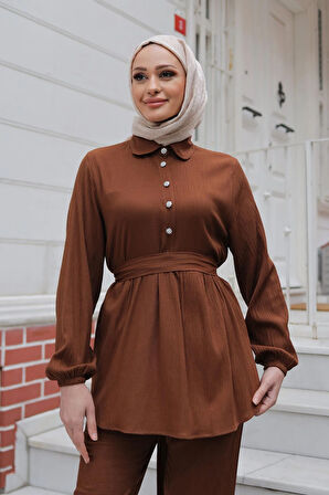Taş Düğme Detaylı Takım Kahverengi