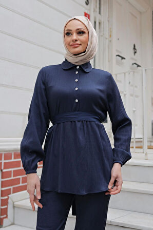 Taş Düğme Detaylı Takım Lacivert