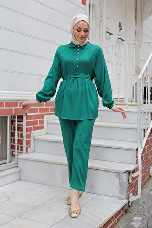 Taş Düğme Detaylı Takım Yeşil