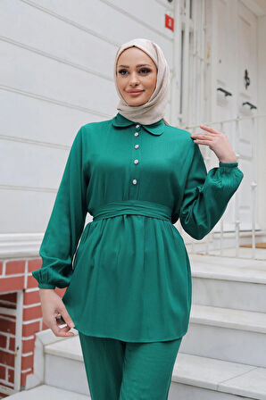 Taş Düğme Detaylı Takım Yeşil