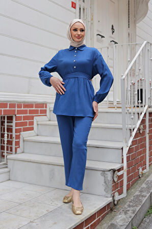 Taş Düğme Detaylı Takım İndigo