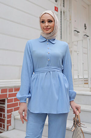 Taş Düğme Detaylı Takım Bebe Mavisi