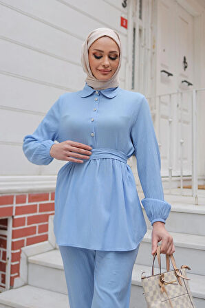 Taş Düğme Detaylı Takım Bebe Mavisi