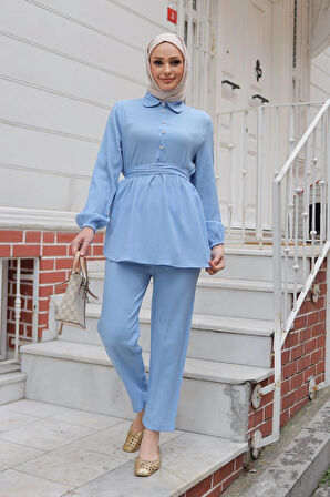 Taş Düğme Detaylı Takım Bebe Mavisi