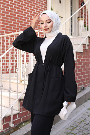 Cep Detaylı Kimono Takım Siyah