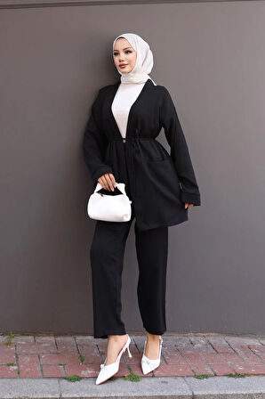Cep Detaylı Kimono Takım Siyah