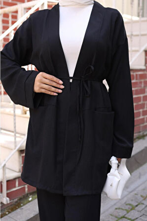 Cep Detaylı Kimono Takım Siyah
