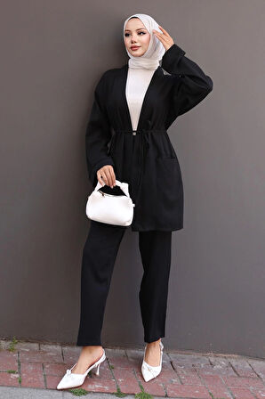Cep Detaylı Kimono Takım Siyah