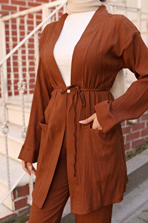 Cep Detaylı Kimono Takım Kahverengi