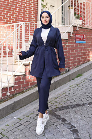 Cep Detaylı Kimono Takım Lacivert