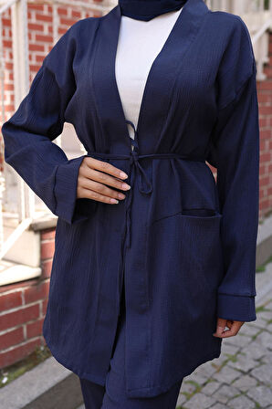 Cep Detaylı Kimono Takım Lacivert
