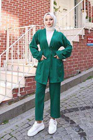 Cep Detaylı Kimono Takım Yeşil