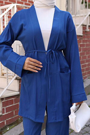 Cep Detaylı Kimono Takım İndigo