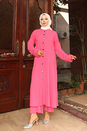 Yaka Detaylı Uzun Takım Fuşya
