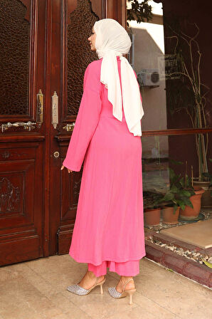 Yaka Detaylı Uzun Takım Fuşya