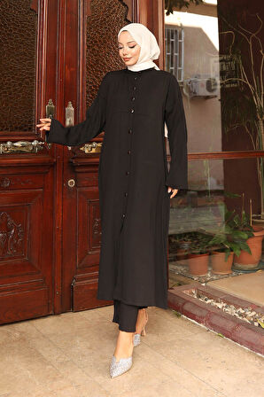 Yaka Detaylı Uzun Takım Siyah