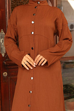 Yaka Detaylı Uzun Takım Kahverengi