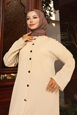 Yaka Detaylı Uzun Takım Bej