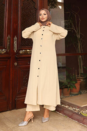 Yaka Detaylı Uzun Takım Bej