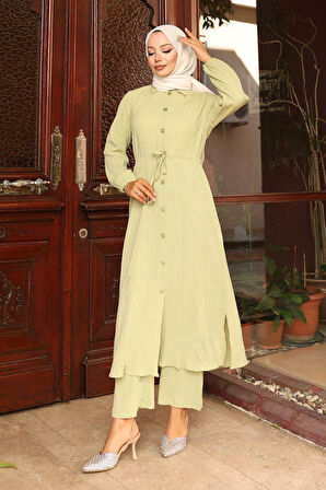 Yırtmaç Detaylı Uzun Takım Mint Yeşili