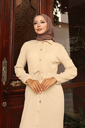 Yırtmaç Detaylı Uzun Takım Bej