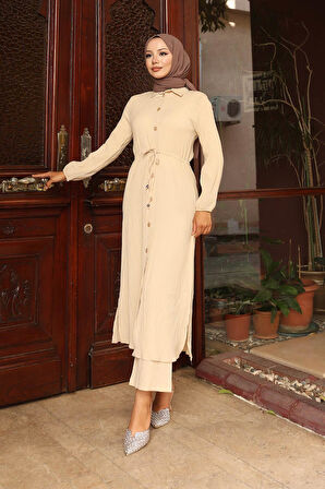 Yırtmaç Detaylı Uzun Takım Bej