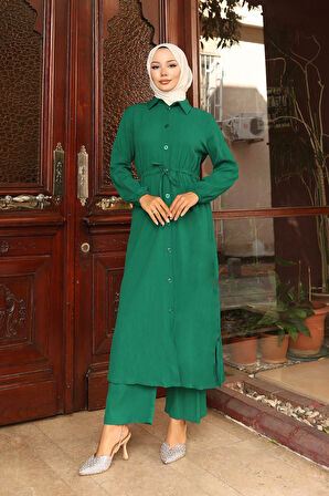 Yırtmaç Detaylı Uzun Takım Yeşil