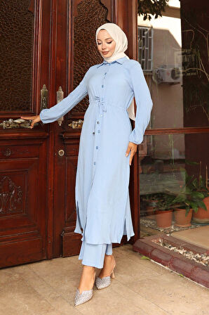 Yırtmaç Detaylı Uzun Takım Bebe Mavisi