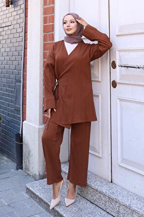 Bağlama Detaylı Kimono Takım Kahverengi