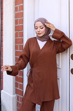 Bağlama Detaylı Kimono Takım Kahverengi