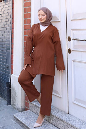 Bağlama Detaylı Kimono Takım Kahverengi