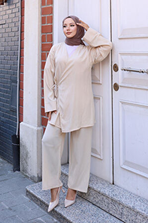 Bağlama Detaylı Kimono Takım Bej