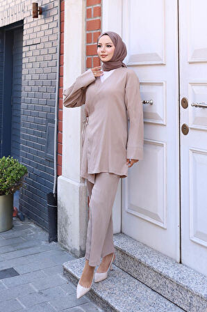 Bağlama Detaylı Kimono Takım Vizon