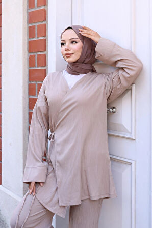 Bağlama Detaylı Kimono Takım Vizon