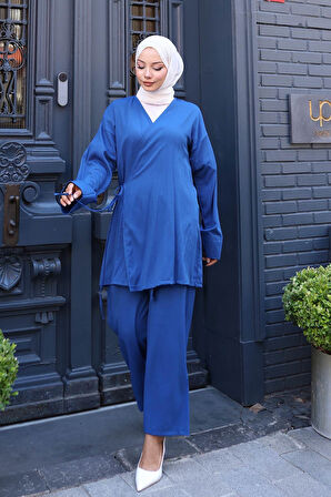 Bağlama Detaylı Kimono Takım İndigo