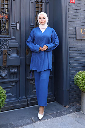 Bağlama Detaylı Kimono Takım İndigo