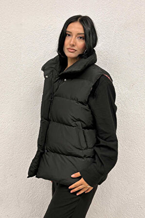 Pembe Astarlı Siyah Şişme Yelek